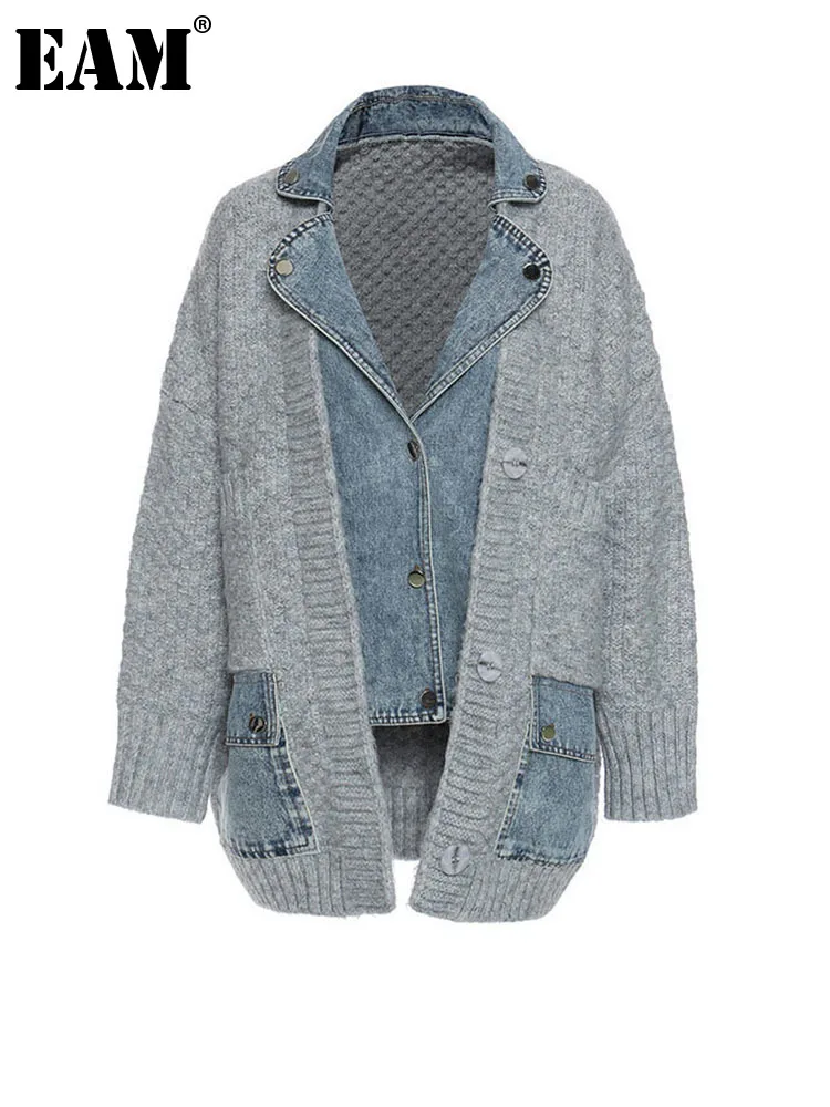 [EAM] Свободная вязанная джинсовая куртка большого размера Новое Женское пальто с