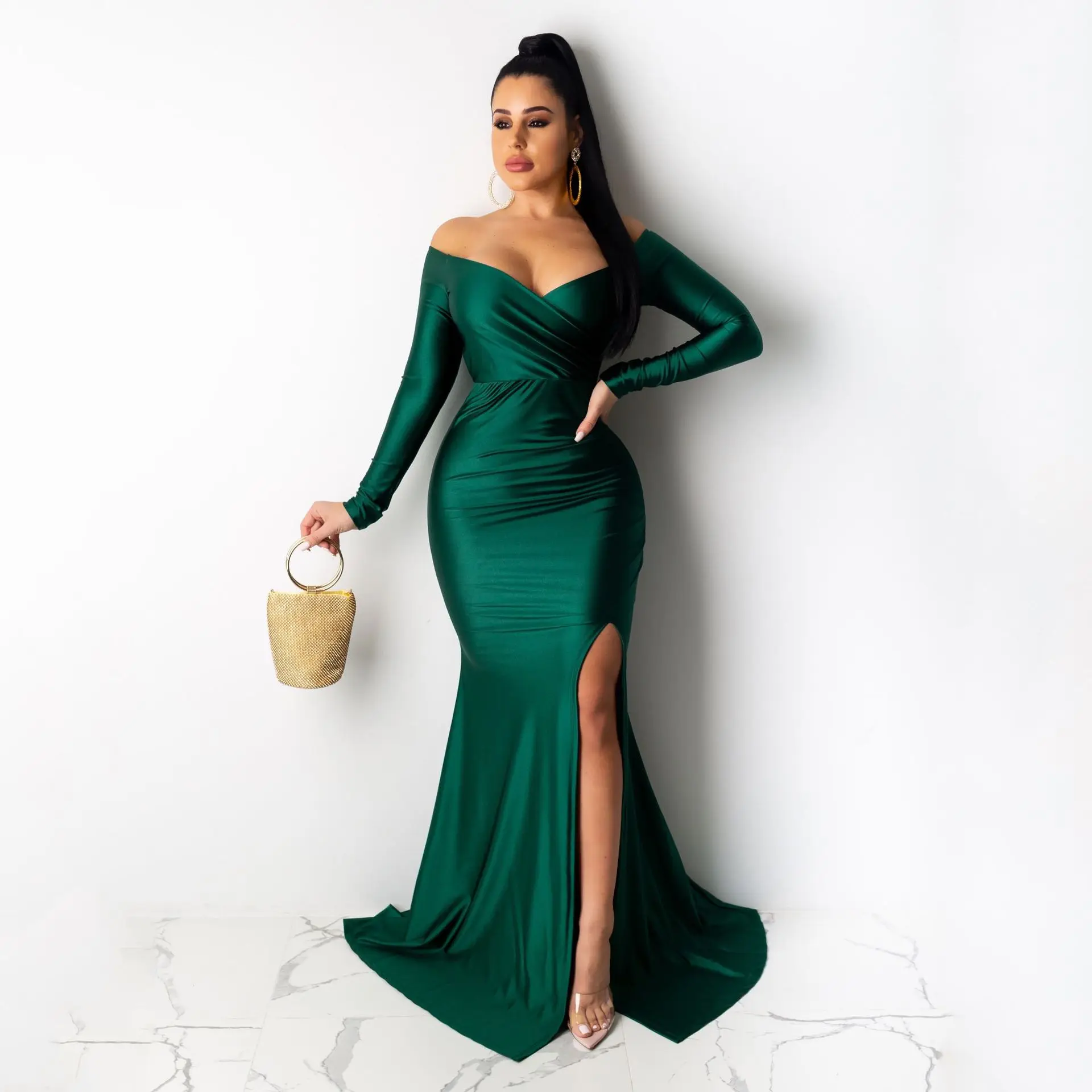 

Evening Maxi Solid Dress Sexy Chic Elegant Party Luxury Outfit 2022 Women Winter Clothes Bodycon Club Long V Neck Slit Dresses