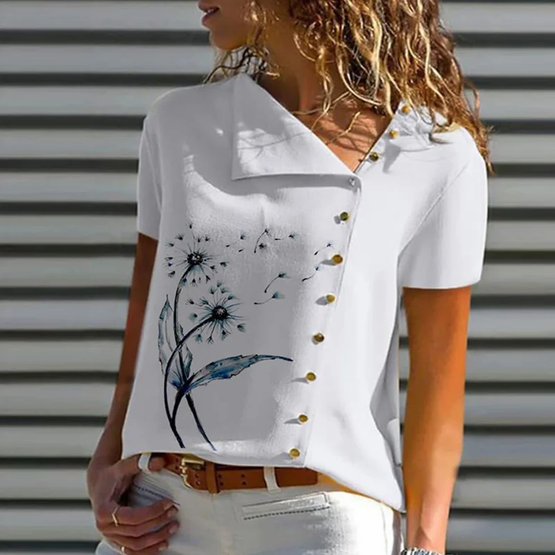 

Spring Elegant Floral Print Office Blouse Shirts Women Casual Scarf Collar Buttoned Top Pullover Summer Short Sleeve Loose Blusa