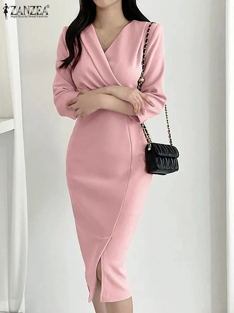 ZANZEA Осенние модные женские платья 2024 элегантный однотонный облегающий вечерний