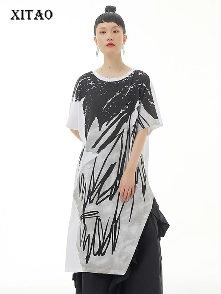 

XITAO Fashion Print Long T-shirt Casual Slit Hem Simplicity Loose Contrast Color Women 2022 Summer New Top WMD6602