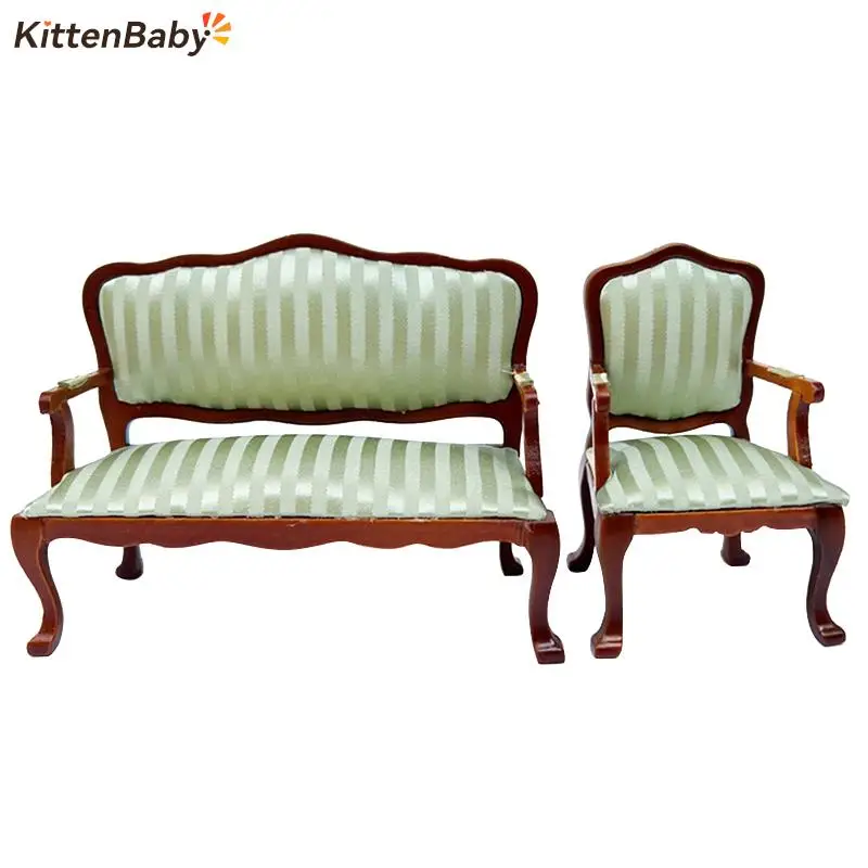 

1:12 Dollhouse Wooden Fabric Double Single high-end Sofa Model Miniature Furniture Armchair Sofa Footstool Doll Decor Toy
