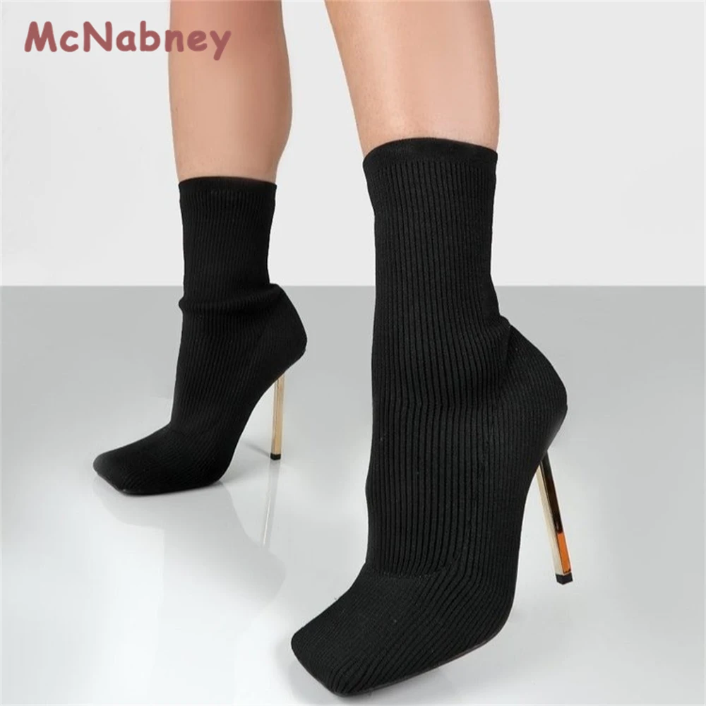 2023 Winter New Knitted Socks Boots Luxury Stiletto Pumps High Heels Sexy Short Boots Breathable Square Toe Slim Women's Boots