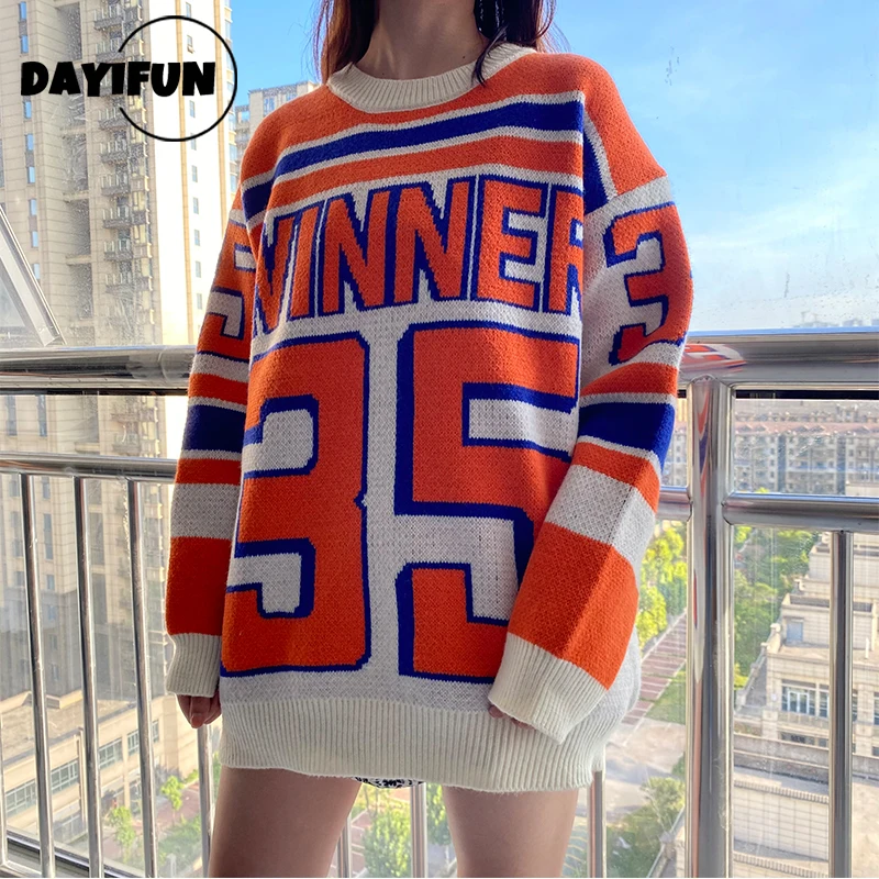 

DAYIFUN Orange O-neck Sweater Women Outer Wear Hedging Thick Knitted Pullover Green Casual Mid-length Oversize Jumpers Lady Tops