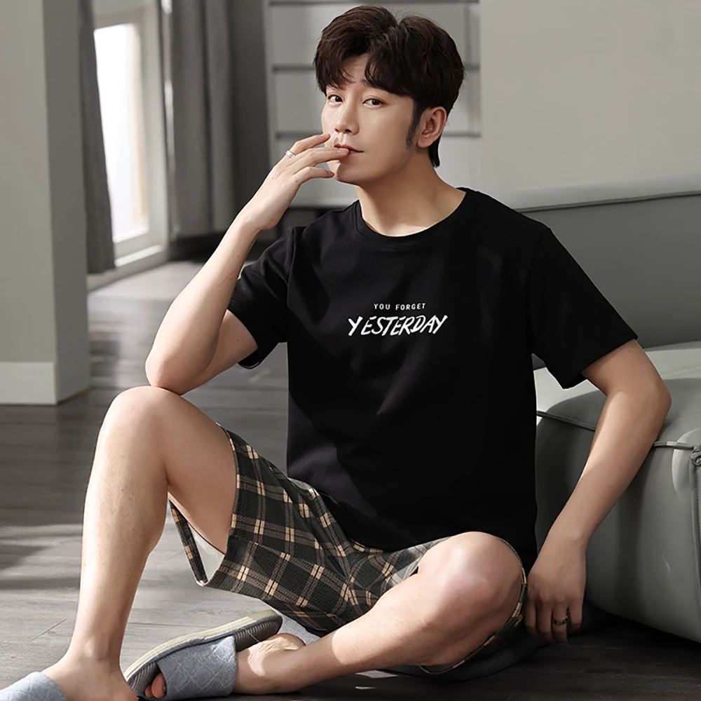 QUHENG Plus Size Pajamas Men Casual Cotton Print Pajama Sets Summer Short Sleeve Pijama+Elastic Striped Shorts Home Suit Pyjamas