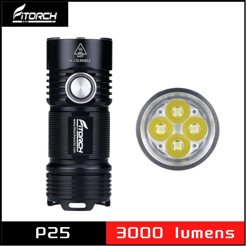 Fitorch P25 3000 Lumens Little Fatty LED Flashlight 4*CREE XP-G3 Ultra Bright EDC Torch Included 26350 Battery for Self-defense