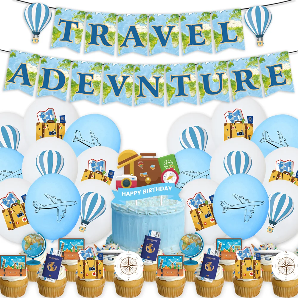 

Retirement Tourism Theme World Travel Decoration Travel Map Flag Pull Banner Cake Card Airplane Balloons Retirement Party