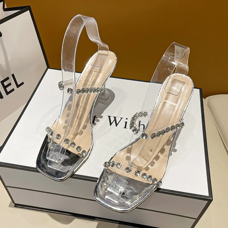 

Pvc Transparent Slippers Diamond Open Toe Sliver Sexy Perspex Sandals Women Wedding Party Shoes High Heeled Mules Slippers