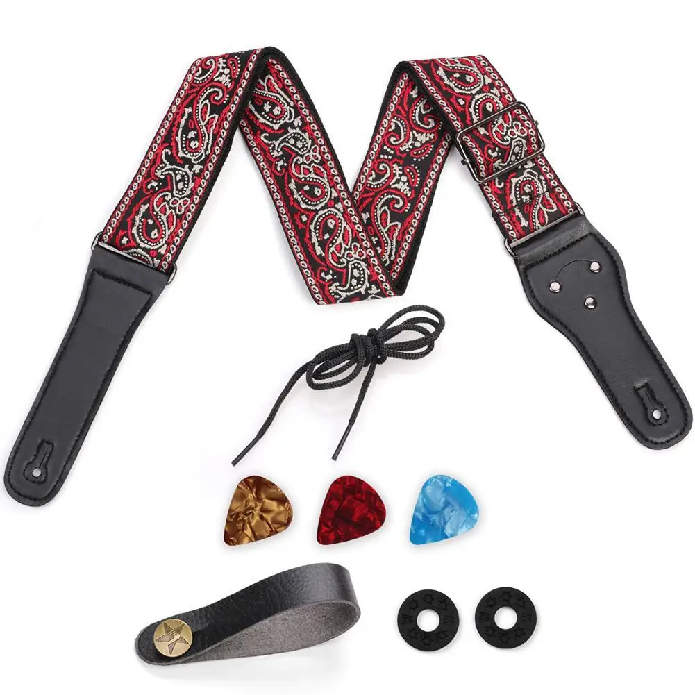 

1PC Vintage Flowers Stripes Acoustic Electric Guitar Strap Woven Embroidery Fabrics Leather Ends Strap