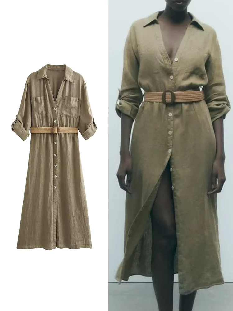 

TRAF Elegant Women Solid Dress With Belt 2023 Summer Fashion Chic Turn Down Collar Single Breasted Causal A-Line Dresses