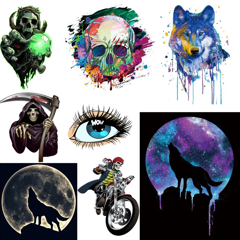 

Punk Skull Patch Iron on Transfers For Clothing Animal Heat Thermal Transfer For Clothes Stickers DIY Washable T-Shirts Decorate