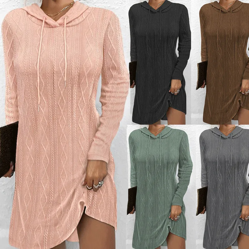 

2023 Autumn Winter New Women's Dress Fashion Casual Eleganct Pullover Hooded Long-sleeved Femme Loose Knit Skirt Office Ladies