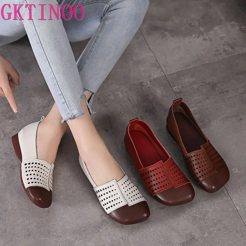 

GKTINOO/дышащие летние туфли из натуральной кожи; Женская обувь на плоской подошве; Коллекция 2023 года; Женские мягкие кожаные туфли без застежки на низком каблуке