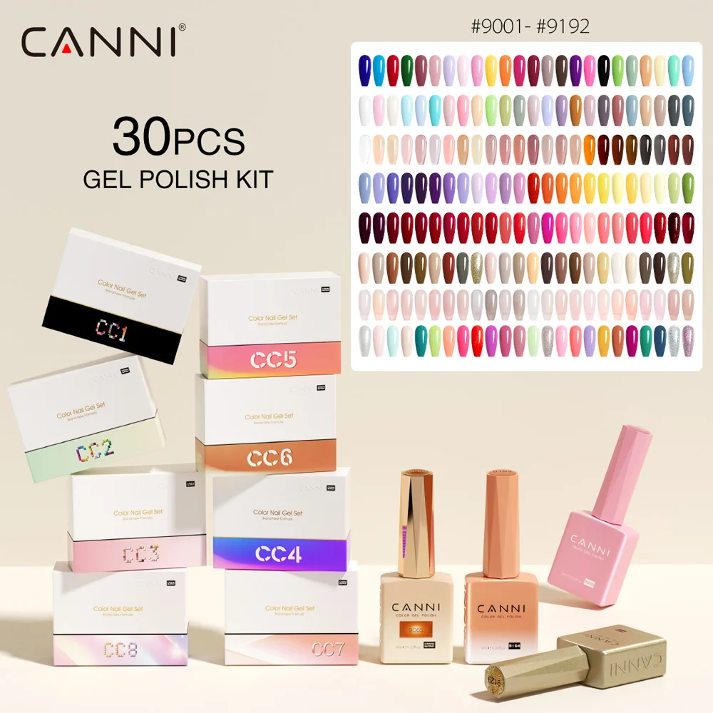 Фото Гель-лак для ногтей HEMA-FREE CANNI CC8 9 мл, высокопигментированный, с полным покрытием, летние цвета, смываемый, для УФ/LED маникюра, полный набор цветов №5