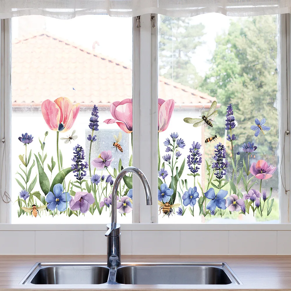 Цветочные статические наклейки на окна и зеркала для украшения ванной комнаты