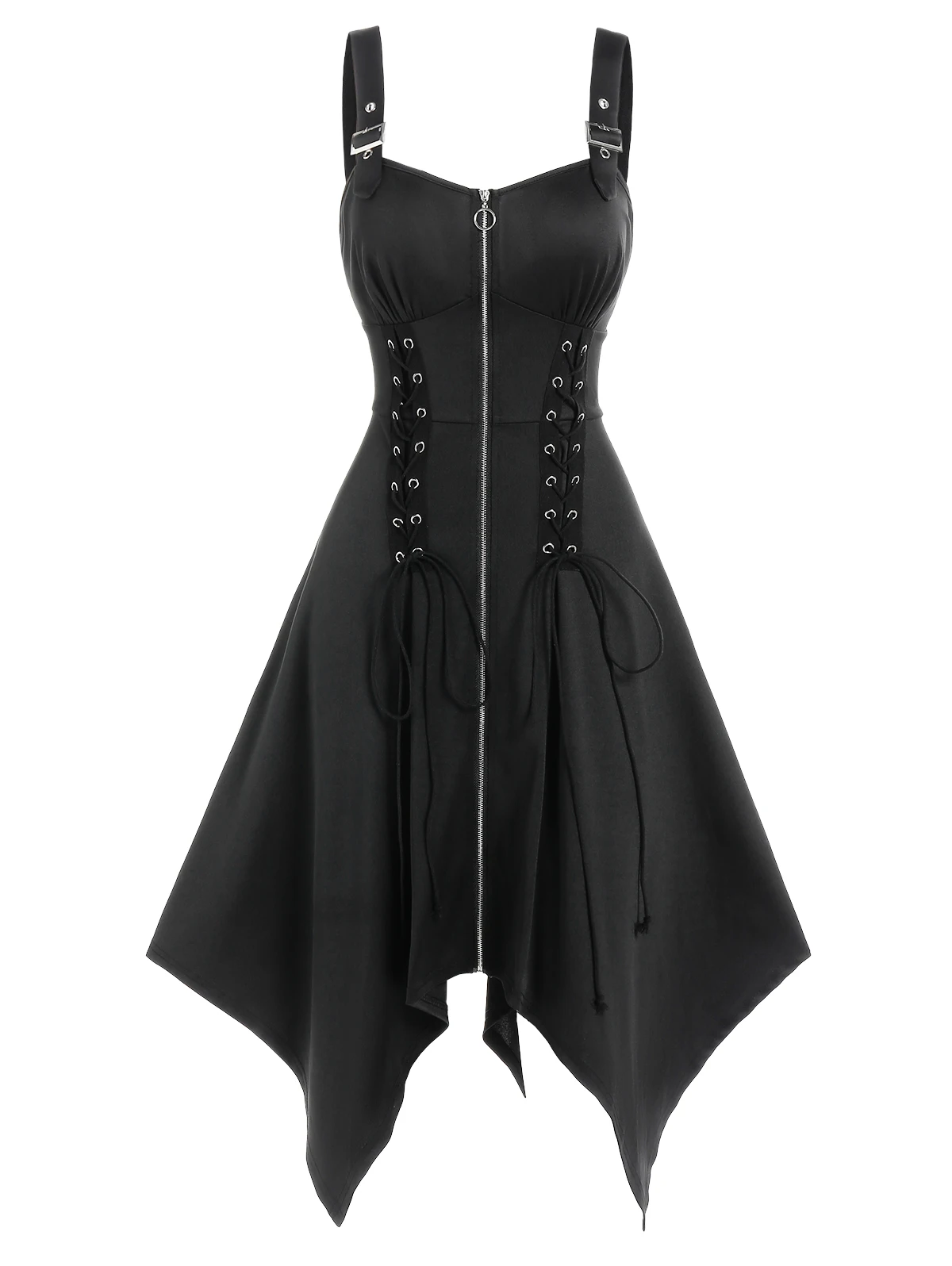 

Dressfo Goth Zipper Front Grommet Black Dress Lace Up Midi Robe Adjustable Strap Empire Waist Handkerchief E-girl y2k Vestidos