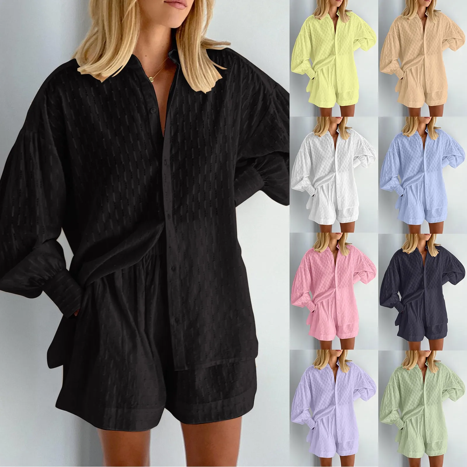 

Женский жаккардовый повседневный комплект из двух предметов: Рубашка с длинными рукавами и пышными рукавами и шорты, весна-лето