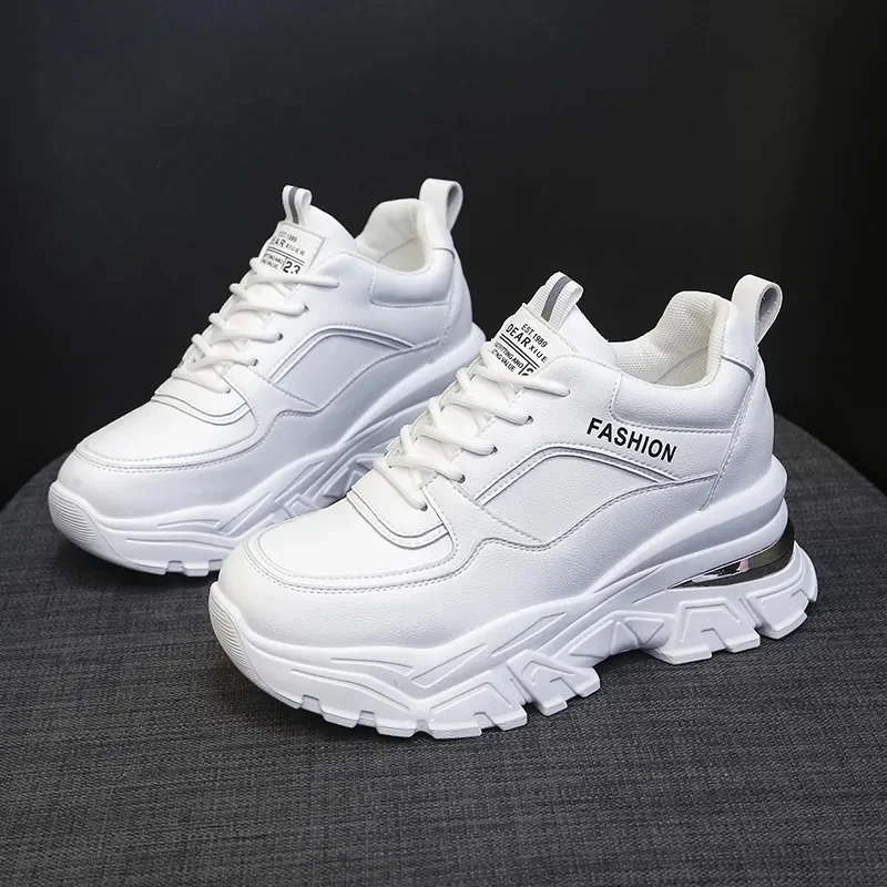

White PU Leather Chunky Sneakers Women Autumn Winter Platform Vulcanize Shoes Woman Thick Bottom Hidden Heels Sport Shoes