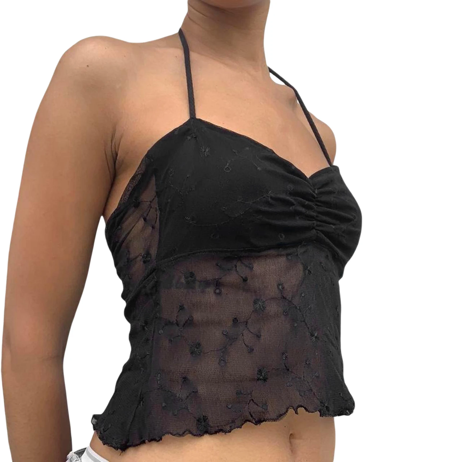 Сексуальный Кружевной топ на бретелях Y2k майка прозрачный завязках с лямкой