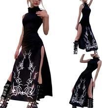 Vestido largo sin mangas de verano para mujer, vestido Vintage estampado de cuello alto, ajustado, con abertura (3)