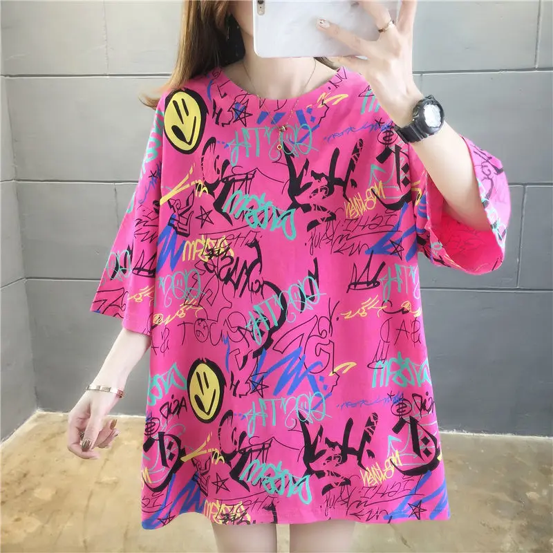 

Летняя футболка Harajuku с граффити, милая Одежда для девочек, свободная футболка Kawaii Ulzzang, крутая забавная уличная футболка в Корейском стиле д...