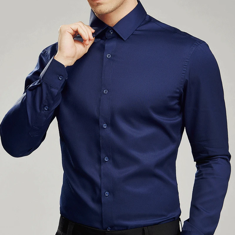 Spring and Autumn Men's Stretch Cotton Long Sleeve Shirt Solid Color Silk Slippery Business Leisure Decoration Body Stretch