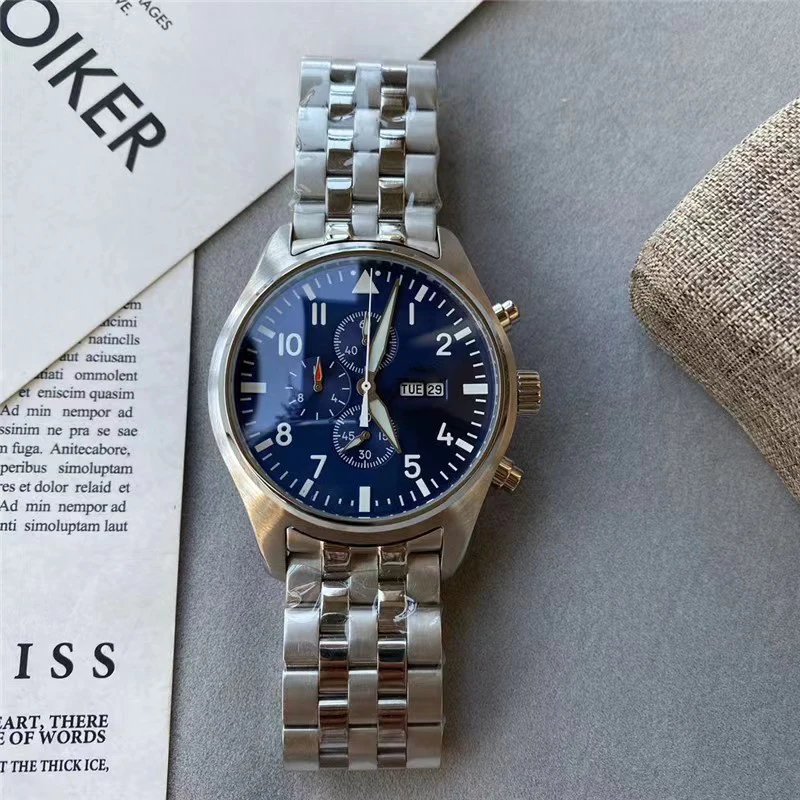 

Мужские многофункциональные кварцевые часы из нержавеющей стали с хронографом и синим циферблатом, 43 мм
