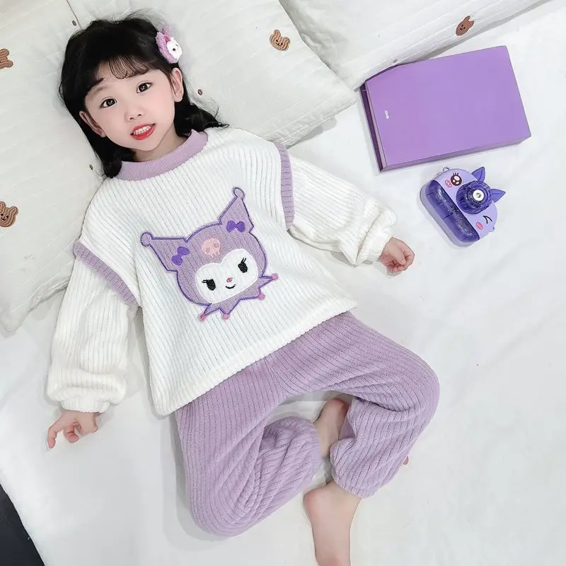 Kuromi Sanrio пижамы для новой девочек осень-зима Kawaii мультфильм коралловый флис