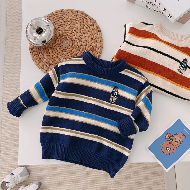 

Bear Stripe Sweaters Casuales Autumn Rainbow Baby Girls Boys Cute Cartoon Children Cardigan Kids Toddler Striped Top Pullover