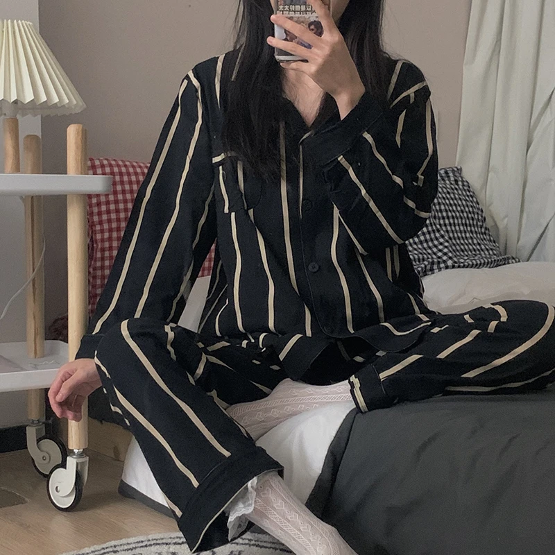 CAIYIER Women's Pajamas Autumn Winter Long Sleeve Cardigan Sleepwear Stripe Cartonn Pajamas Set Girls Kawaii Leisure Nightwear
