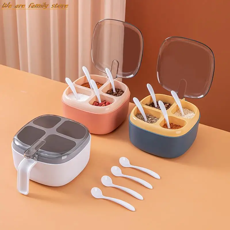 

4 Grids Salt Pepper Seasoning Box With Spoon Spice Jar Chili Powder Sugar Bowl Condiments Storage Container With Tray