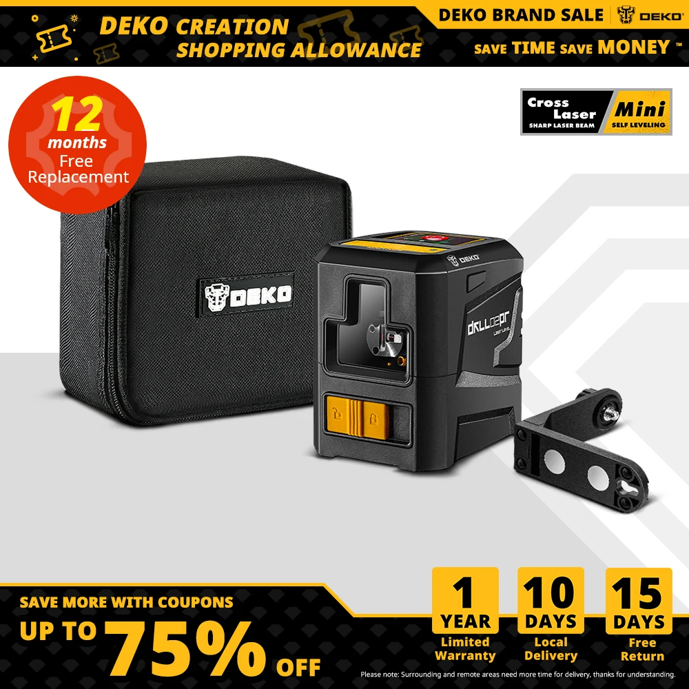  Лазерный уровень DEKO, самонивелирующийся нивелир с 2 линиями, с магнитным кронштейном, зеленый/красный луч, 650 нм, DKLL02PR 