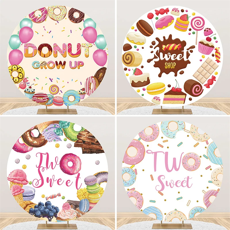 

Customized Round Sweet Baby Birthday Candy Bar Round Backdrop Donuts Ice Cream Cupcake Party Photography Background Decorations