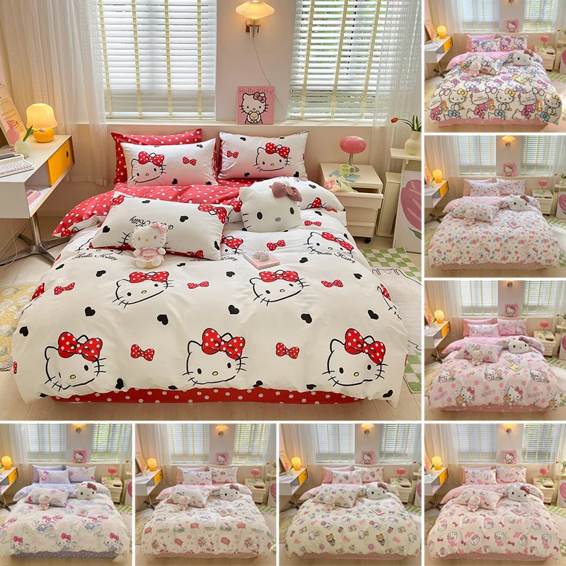 Sanrio Hello Kitty Bedding Set Cute Cotton Four Piece Double Queen Size Pillowcase Bed Linens Girl Dorm Bedclothes Home Textile
