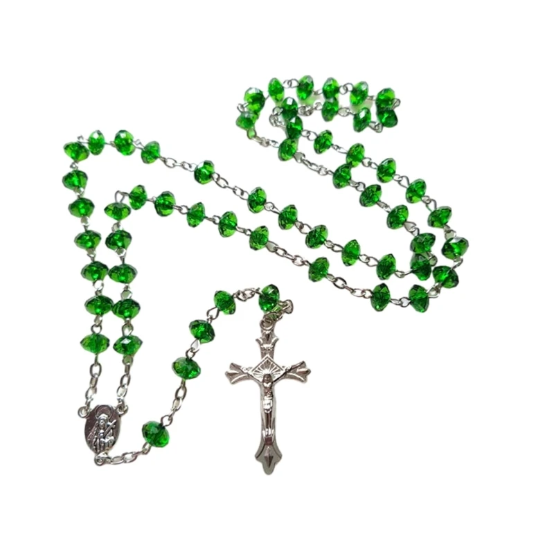 Ожерелье с крестом и четками из зеленых камней аксессуары для центра Christian VirginMary