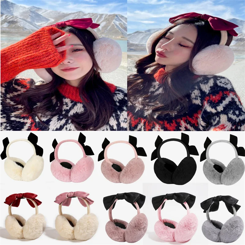 

New Bow Plush Earmuffs For Women Velvet Thickened Winter Warmer Removable Washable Foldable Cute Cat Ears Fluffy Soft Earflaps