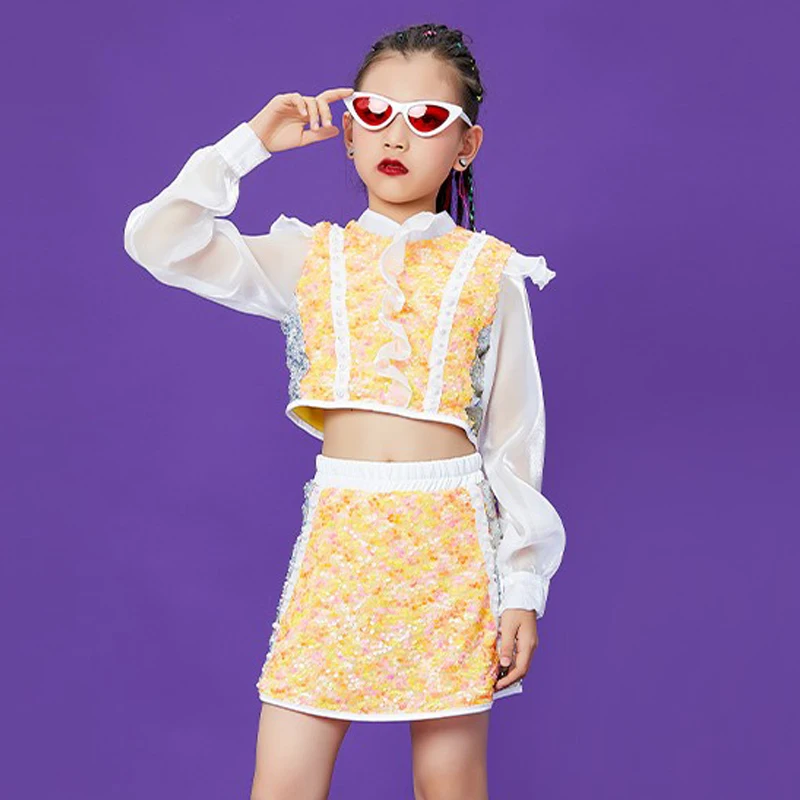 

Children's Day Stage Costume For Girls Jazz Performance Clothing Sequin Top Skirt Hip Hop Modern Dance Wear Rave Outfit DNV15959