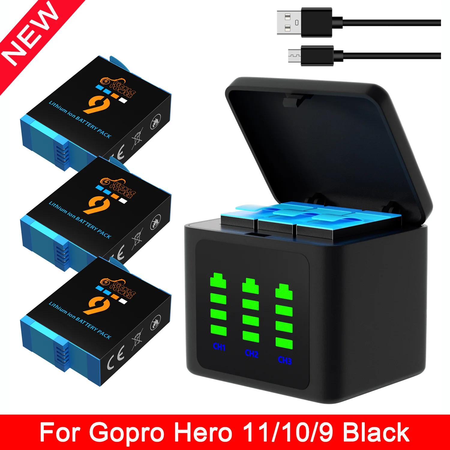 

For Gopro 11 10 9 Battery, 3-Slots Storage Box USB Charger with Type-C Port for Go Pro 11/10/9 Action Camera Accessories