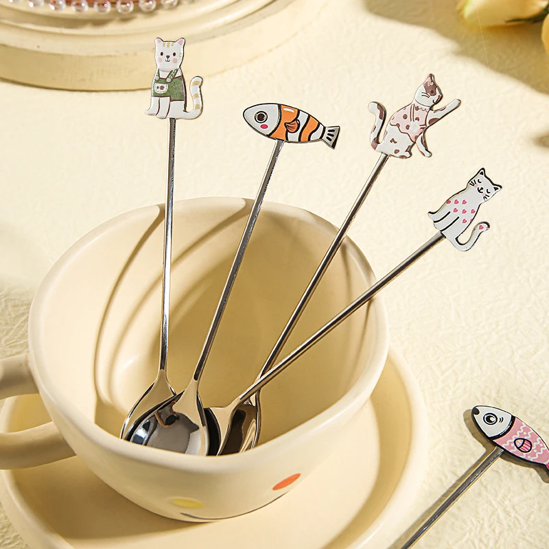 

Cute Fruit Dessert Spoon, Cartoon Cat Fish Stainless Steel Teaspoon, Coffee Stirring Spoon, Kitchen Tableware For Ice Cream