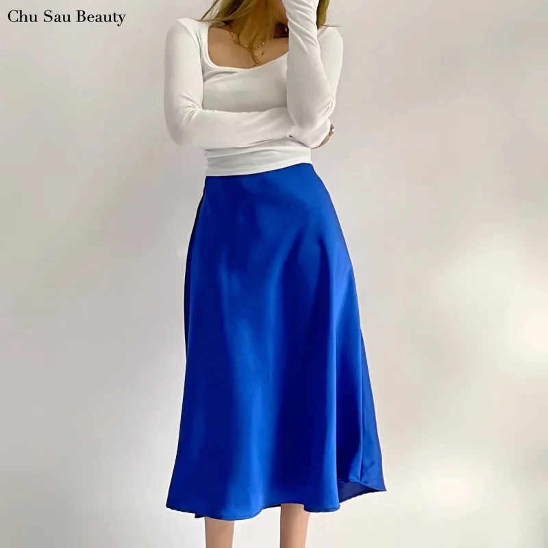 

Женская атласная юбка с эластичным поясом, элегантная юбка средней длины с высокой талией, яркая юбка в уличном стиле, 3 цвета, новинка 2022