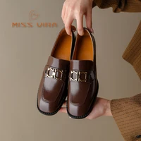 MISS VIRA Chunky Heel Loafers Women Genuine Cow Leather Brown Ladies Mid Heel Shoes Square Toe Metal Decoration