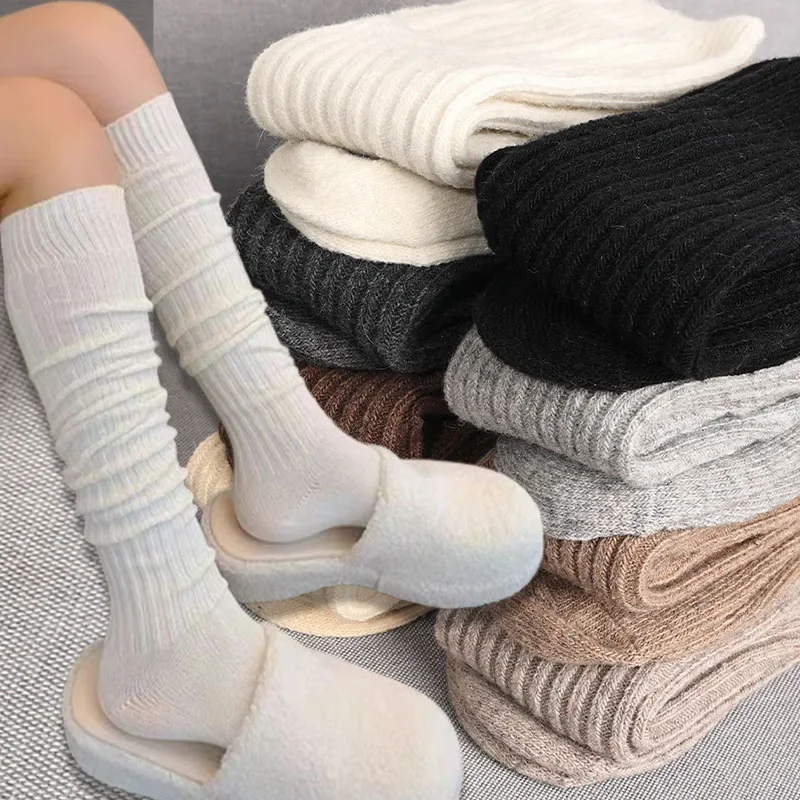 Зимние вязаные женские шерстяные кашемировые чулки теплые толстые до бедра