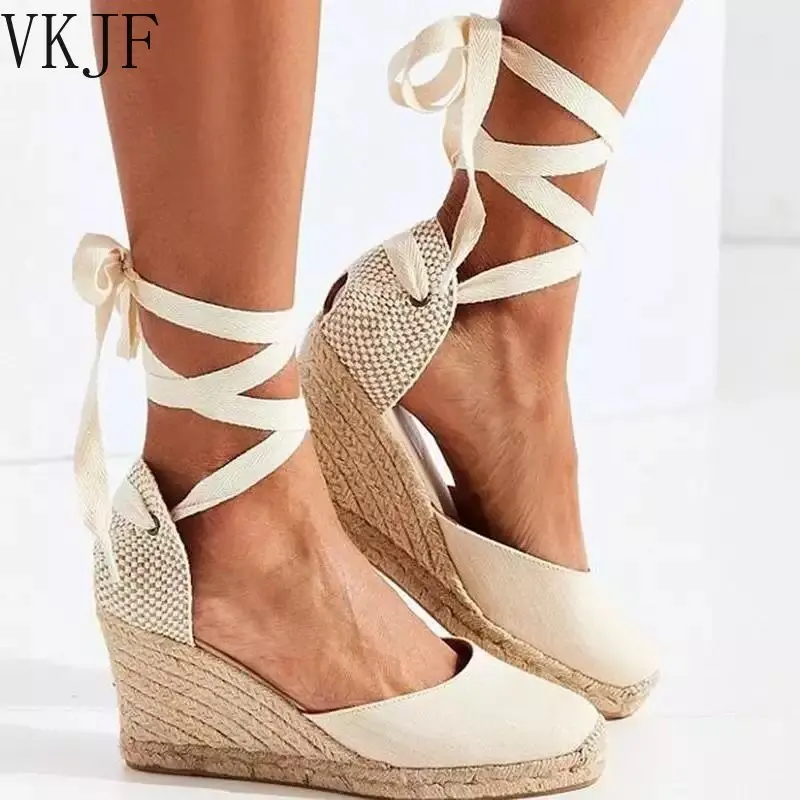 

2023 Women's Espadrille Ankle Strap Sandals Comfortable Slippers Ladies Womens Casual Shoes Breathable Flax Hemp Canvas Pumps