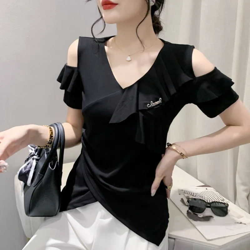 

#6766 Black White Green Off Shoulder T Shirt Women V-neck Ruffles Asymmetrical T-shirt Femme Tight Sexy Womens Tee Shirts Summer