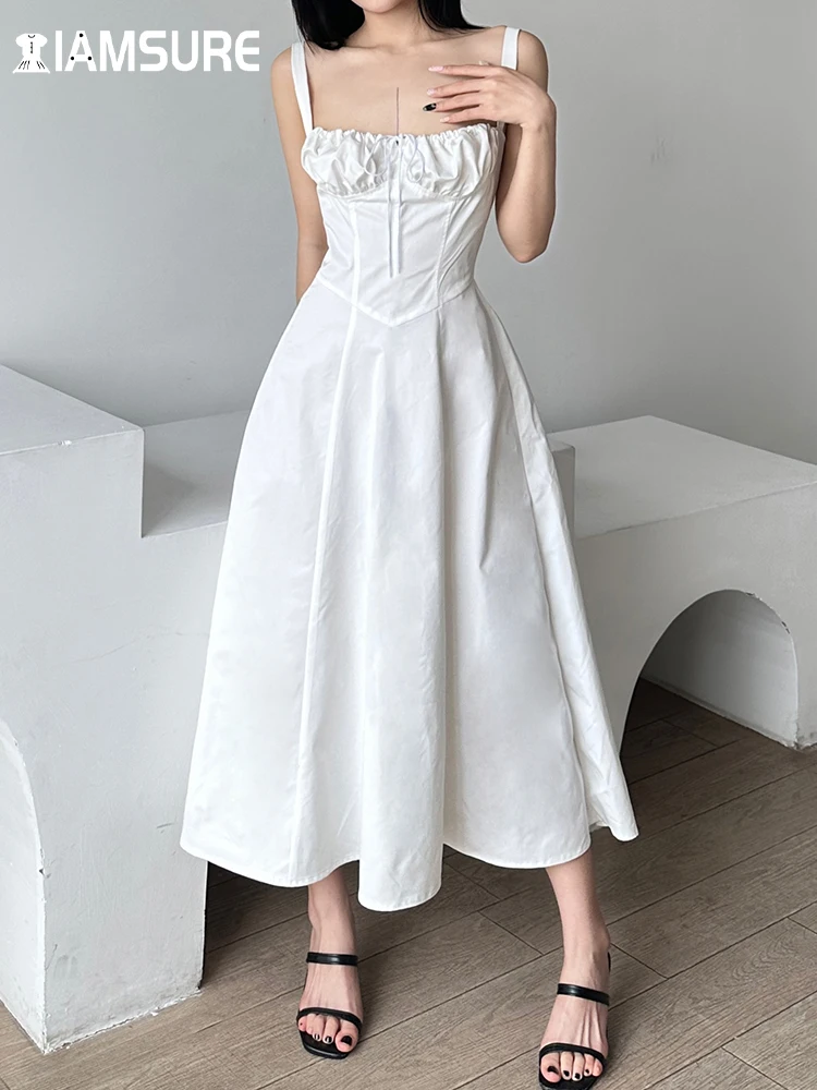 

IAMSURE French Style Solid Split A-Line Dress Casual Basic Slim Slash Neck Sleeveless Maxi Dresses For Women 2023 Summer Ladies