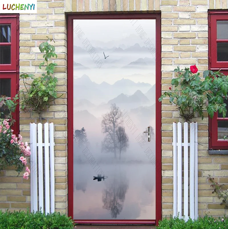 

Чернильная картина Papel de parede, лодка, рыбак, горные деревья, пейзаж, дверная наклейка, фреска, украшение для дома