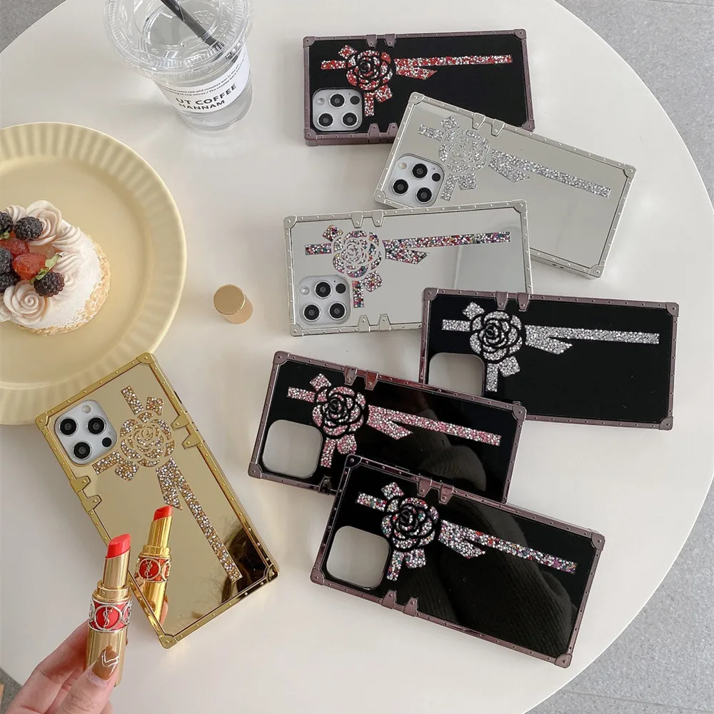 

Luxury Fashion Square Flower Mirror Phone Case For iPhone 12 13 11 Pro Max XR XS MAX X New Hot Fashion Cover Coque for Women