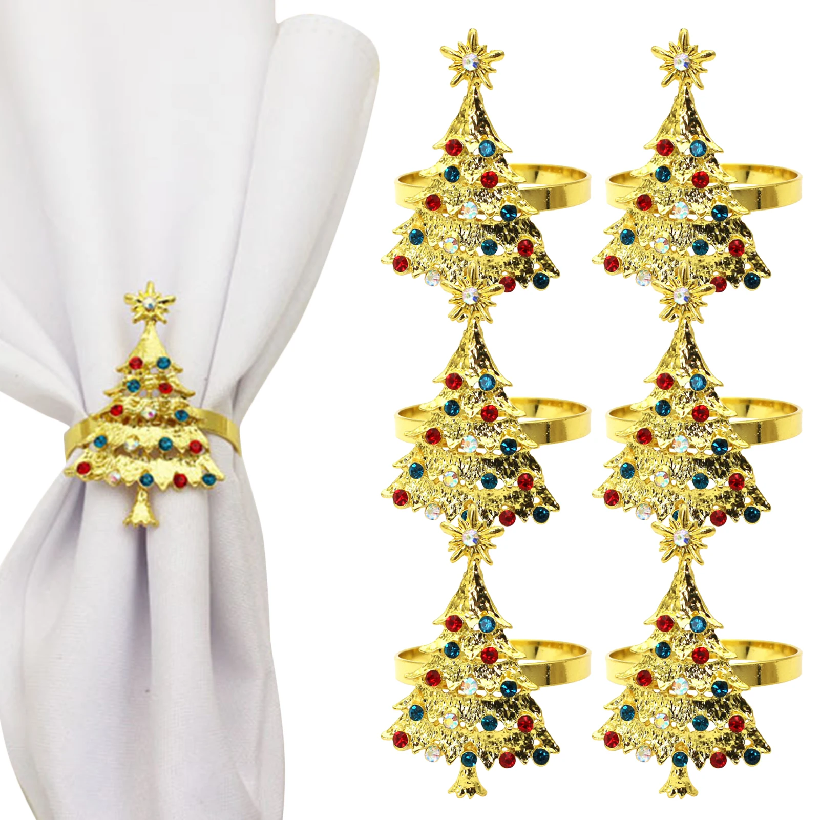 

6Pcs Christmas Tree Napkin Rings Metal Elegant Napkin Buckle Diamond Napkin Holder for Christmas Holiday Wedding Gold/Silver