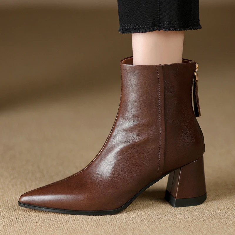 Ботильоны женские из воловьей кожи теплые полусапожки на толстом высоком