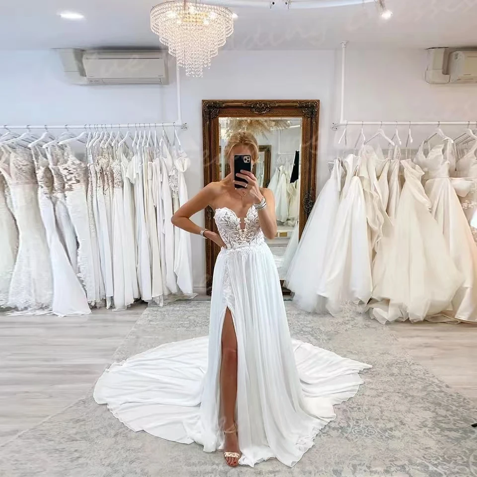 Кружевное шифоновое свадебное платье трапециевидной формы в стиле бохо милое с